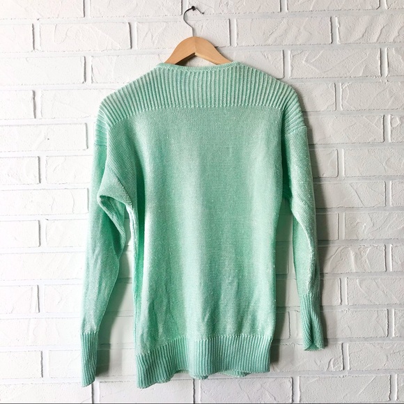 Vintage hand loomed argyle mint green knit grandma sweater M - Picture 4 of 9